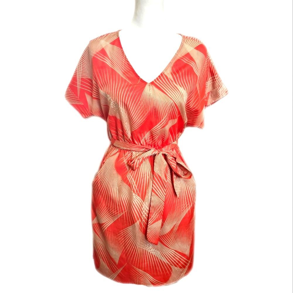 Orange and tan taupe pattern dress - lightweight with tie waist & pockets - S